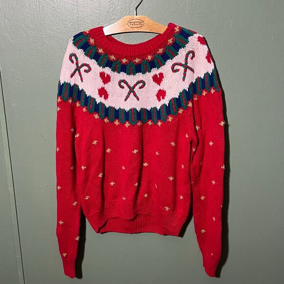 Vintage Robert Scott Ltd Christmas Sweater Red Gold Candy Cane Medium - Picture 3 of 5
